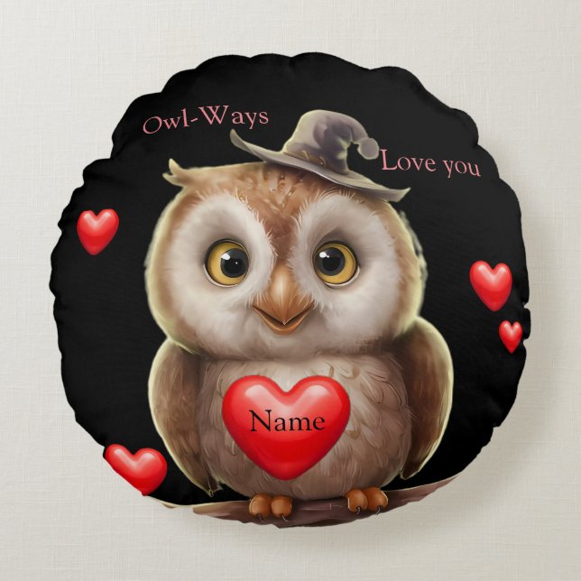 Cute little Funny Owl with love Hearts Round Pillow (Front)