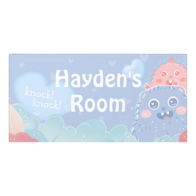 Cute Little Furry Monsters Blue Personalised Door Sign (Classic Front)