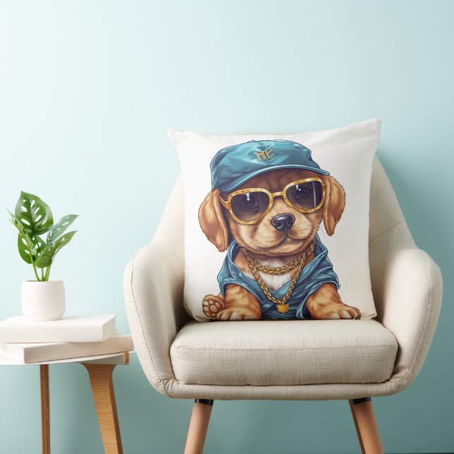 CUTE LITTLE GANGSTER PUPPY DOG IN CLOTHES & HAT THROW PILLOW (Chair)