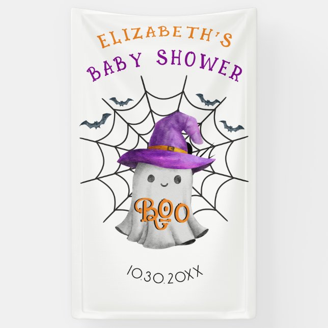Cute little ghost and spiderweb BOO baby shower Banner (Vertical)