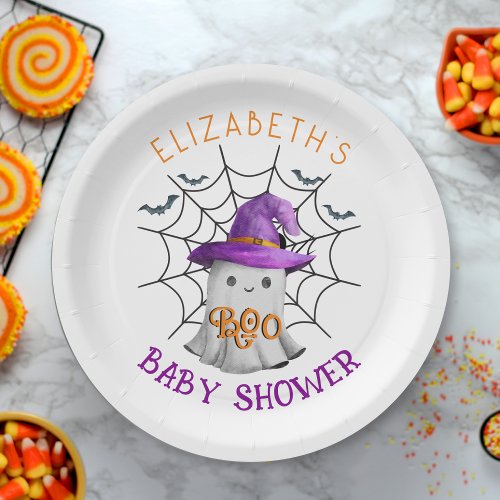 Cute little ghost and spiderweb BOO baby shower Paper Plates