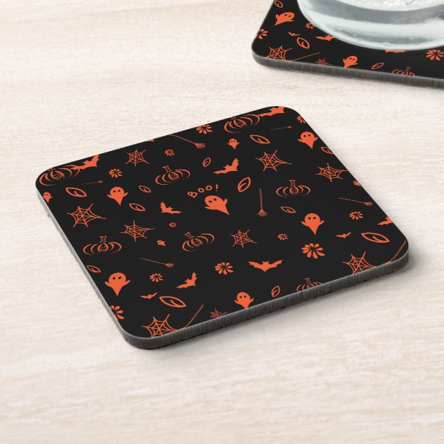 Cute Little Ghost Black and Orange Halloween Beverage Coaster (Left Side)