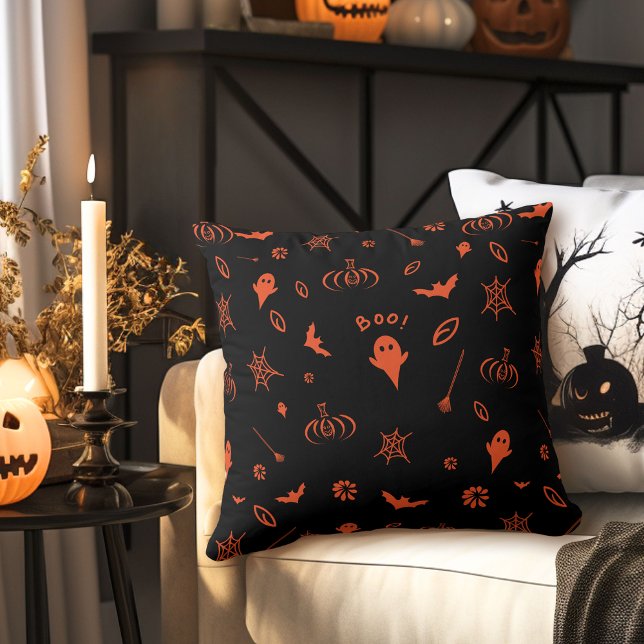 Cute Little Ghost Black n Orange Halloween Throw Pillow (Creator Uploaded)