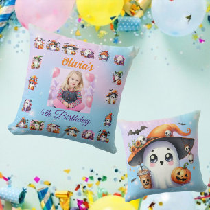 Cute Little Ghost Halloween Girl Birthday Photo Throw Pillow
