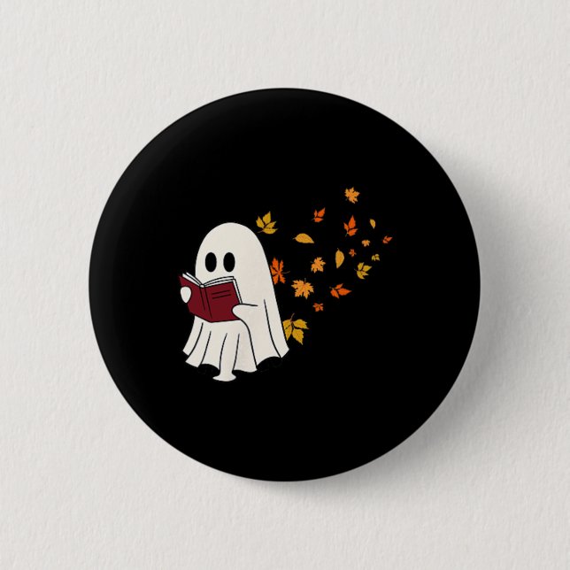 Cute Little Ghost Reading Book Under Fall Leaves W Button (Front)