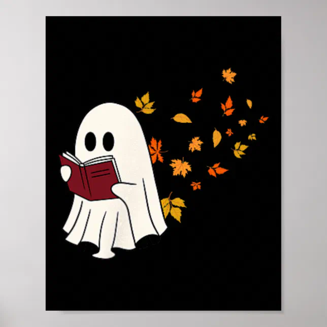 Cute Little Ghost Reading Book Under Fall Leaves W Poster | Zazzle