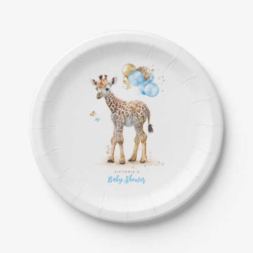 Cute Little Giraffe Modern Boho Brown Blue Paper Plates