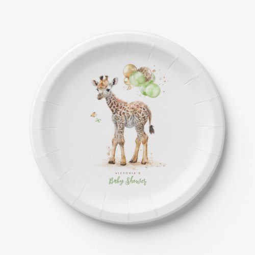 Cute Little Giraffe Modern Boho Green Brown Paper Plates