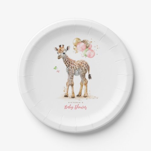 Cute Little Giraffe Modern Boho Pink Brown Paper Plates