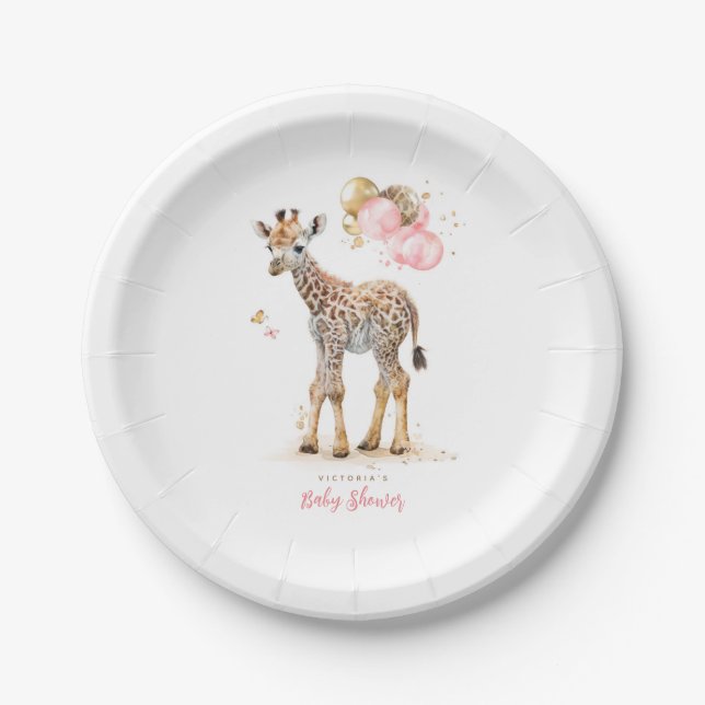 Cute Little Giraffe Modern Boho Pink Brown Paper Plates (Front)