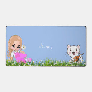 Cute Little Girl and Cat with Flowers Desk Mat