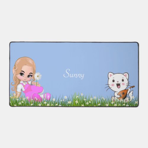 Cute Little Girl and Cat with Flowers  Desk Mat