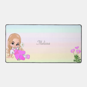 Cute Little Girl and Flowers on Pastel Colors Desk Mat