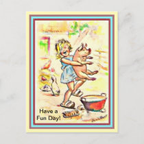 Cute Little Girl and Her Pig - Fun Washing a Pig Postcard
