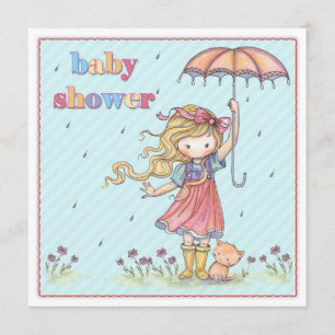 Cute Little Girl and Kitten Baby Shower Invites