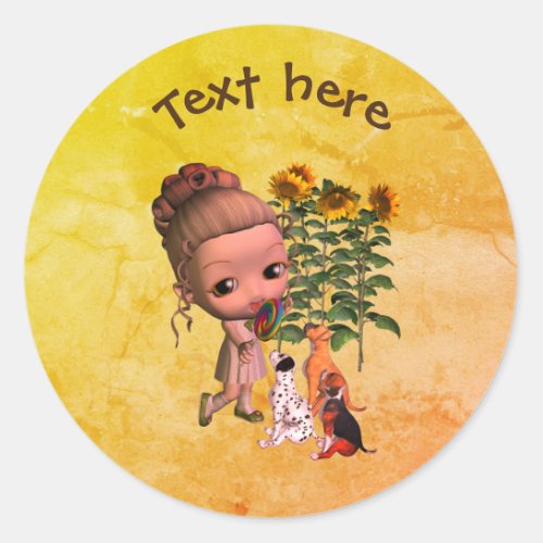 Cute Little Girl And Puppies Personalized Classic Round Sticker