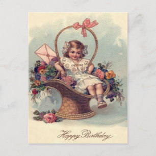 Cute Little Girl Basket Flowers Letter Postcard