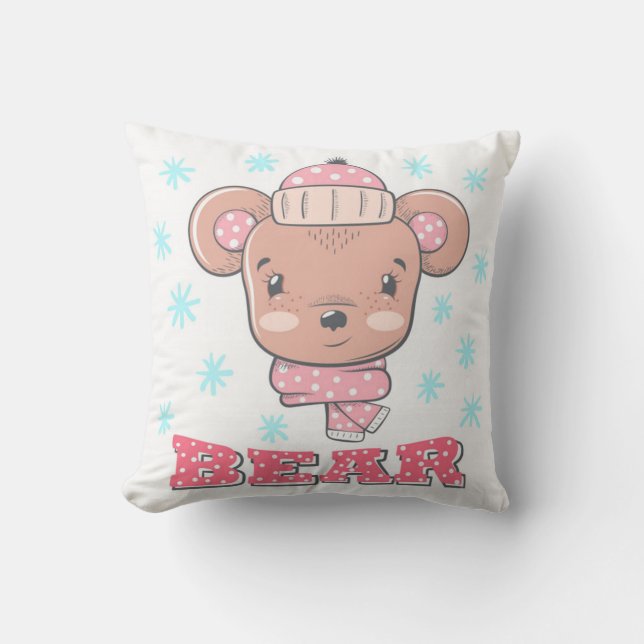 Cute Little Girl Bear Throw Pillow (Front)