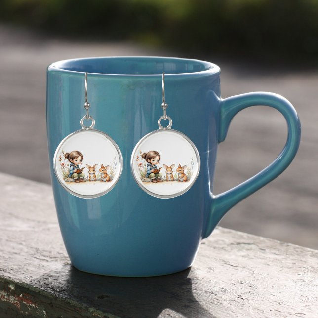 Cute Little Girl Blue Eyes Book Rabbits Flowers  Earrings (Creator Uploaded)