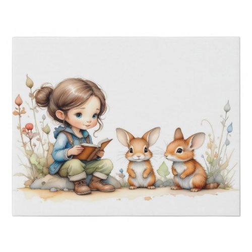 Cute Little Girl Blue Eyes Book Rabbits Flowers Faux Canvas Print