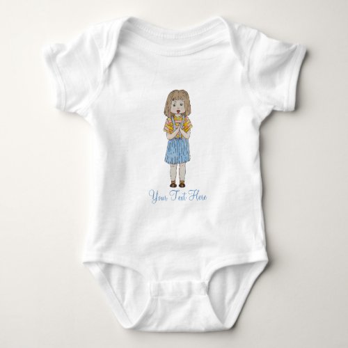 Cute little girl brown hair blue skirt art design baby bodysuit