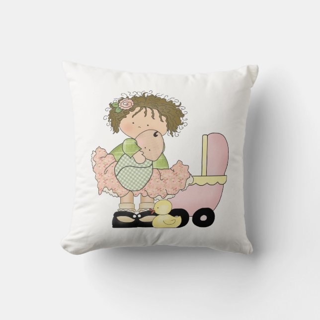 Cute Little Girl/Buggy and Doll Throw Pillow (Front)