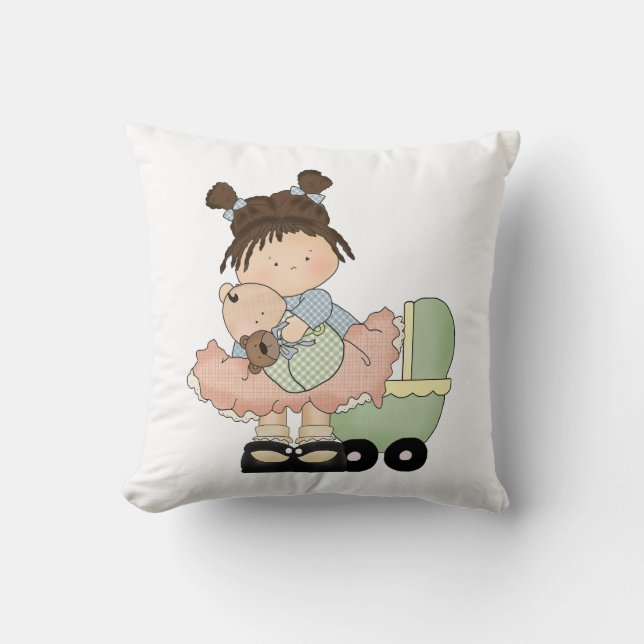Cute Little Girl/Buggy and Doll Throw Pillow (Front)