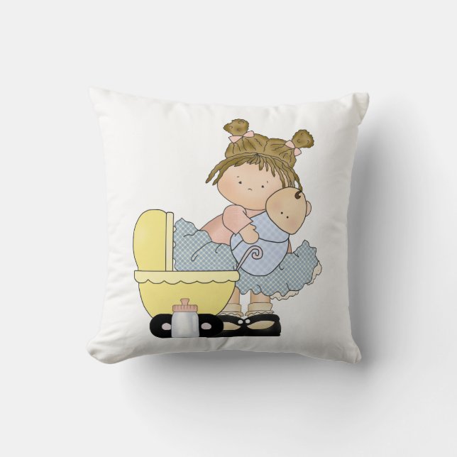 Cute Little Girl/Buggy and Doll Throw Pillow (Front)