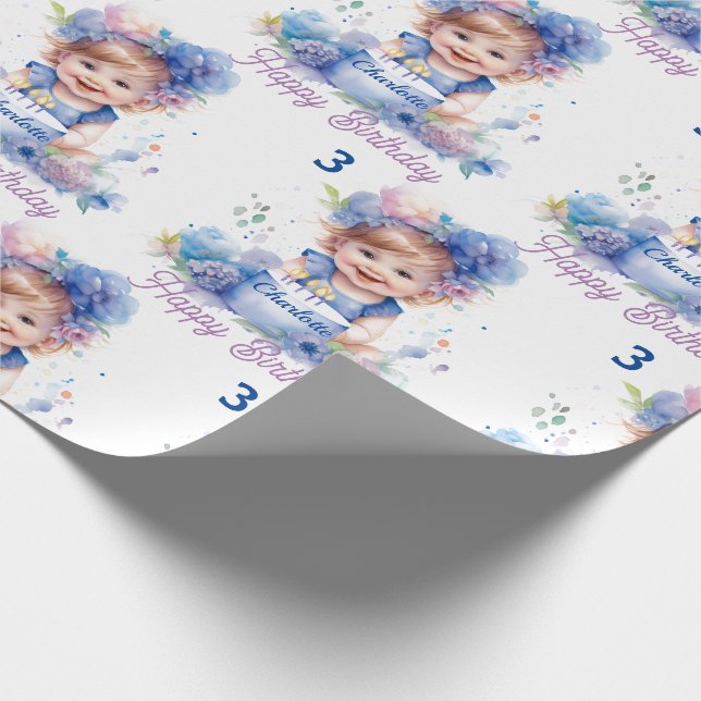 Cute Little Girl Cake Add Name Age Birthday Gift Wrapping Paper (Corner)