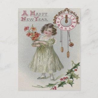 Cute Little Girl Clock Midnight Holly Flowers Postcard
