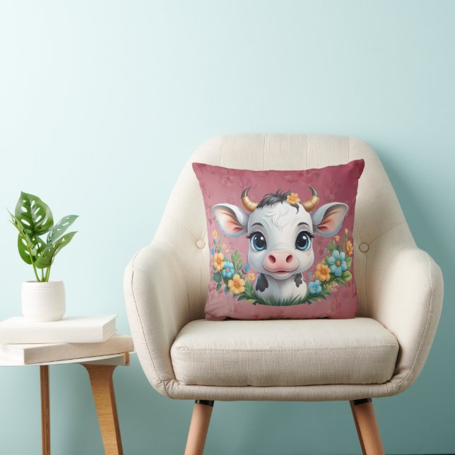 Cute little girl cow in flowers  throw pillow (Chair)