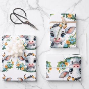 Cute little girl cow in flowers wrapping paper sheets