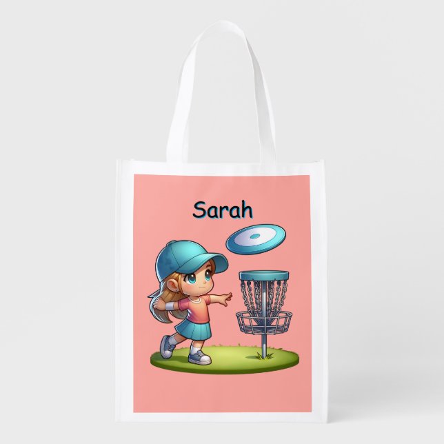 Cute Little Girl Disc Golf Cartoon Personalized Grocery Bag (Front)