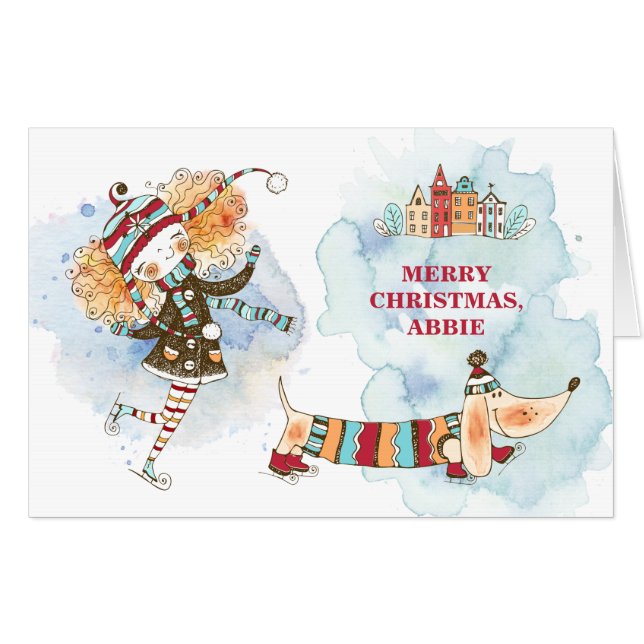 Cute Little Girl Dog Child's Merry Christmas Card (Front Horizontal)