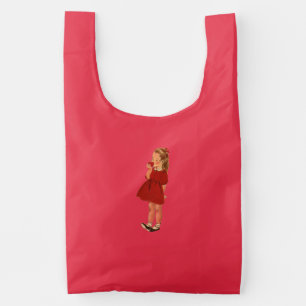 Cute Little Girl Eating shiny Apple in Red Dress Reusable Bag