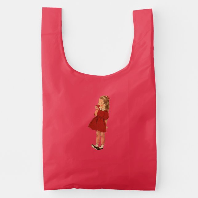 Cute Little Girl Eating shiny Apple in Red Dress Reusable Bag (Front)
