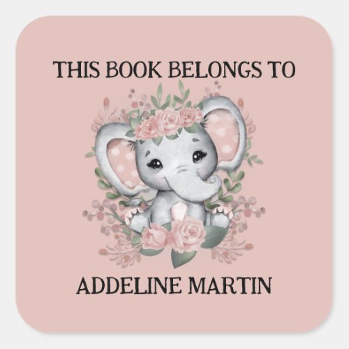 Cute Little Girl Elephant Pink Bookplate Name