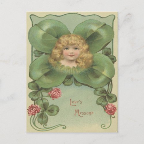 Cute Little Girl Four Leaf Clover Flowers Postcard