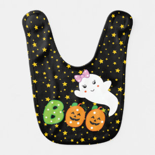 CUTE LITTLE GIRL GHOST WITH PINK BOW & BOO BABY BIB