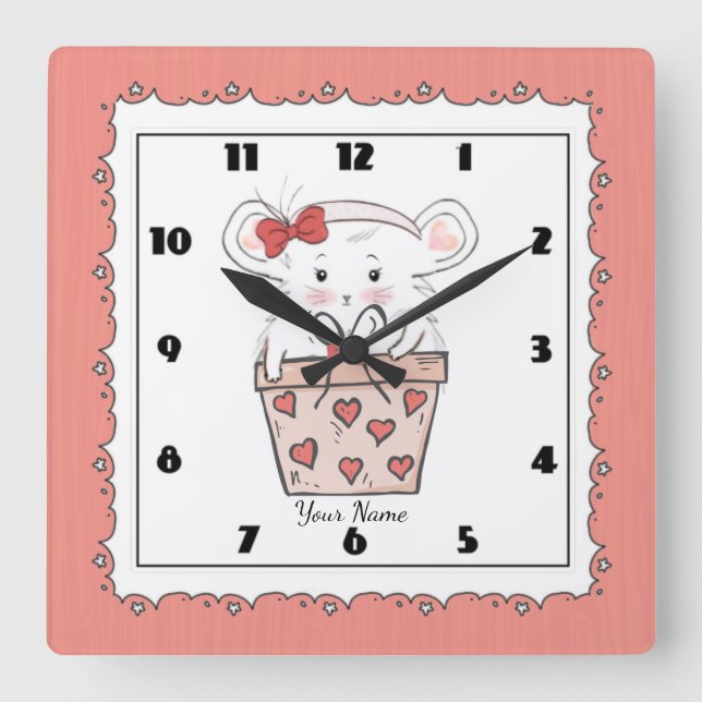 Cute Little Girl Hamster Pink Square Wall Clock (Front)