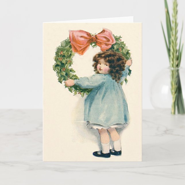 Cute Little Girl Holly Wreath Pink Bow Holiday Card (Front)