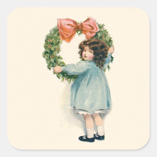 Cute Little Girl Holly Wreath Pink Bow Square Sticker