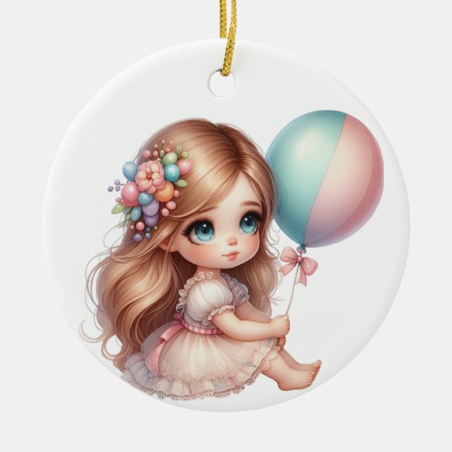 CUTE LITTLE GIRL IN A DRESS WITH PINK BALLOON CERAMIC ORNAMENT (Front)