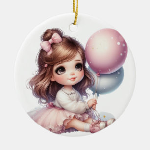 CUTE LITTLE GIRL IN A DRESS WITH PINK BALLOON CERAMIC ORNAMENT