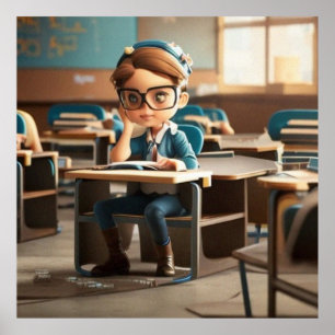 Cute Little Girl in class with a test modern girl Poster