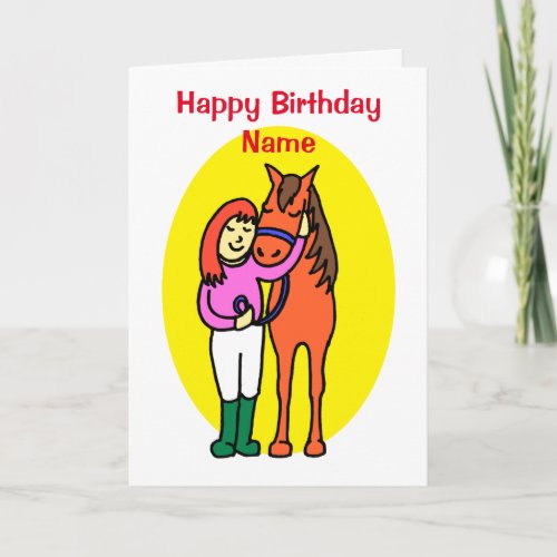 Cute Little Girl Loves Horse Cartoon Birthday Card