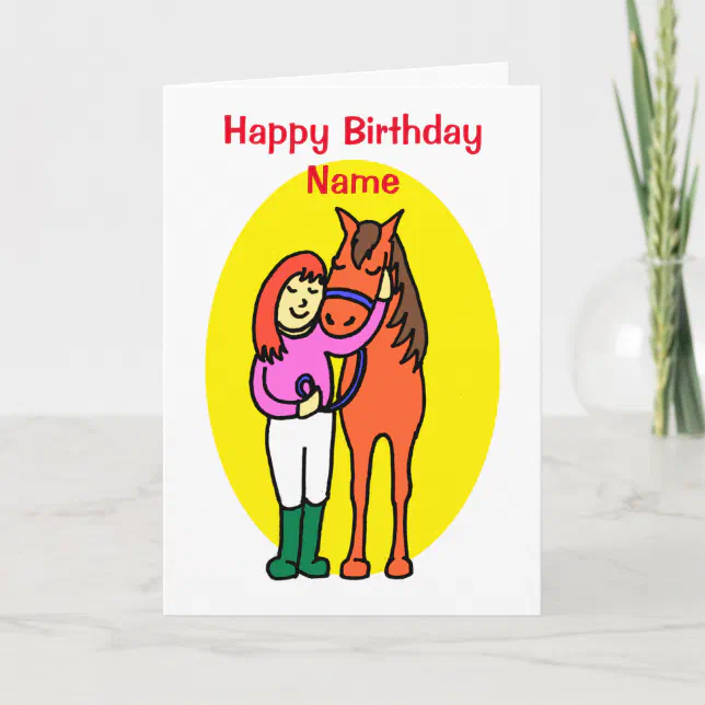 Cute Little Girl Loves Horse Cartoon Birthday Card | Zazzle