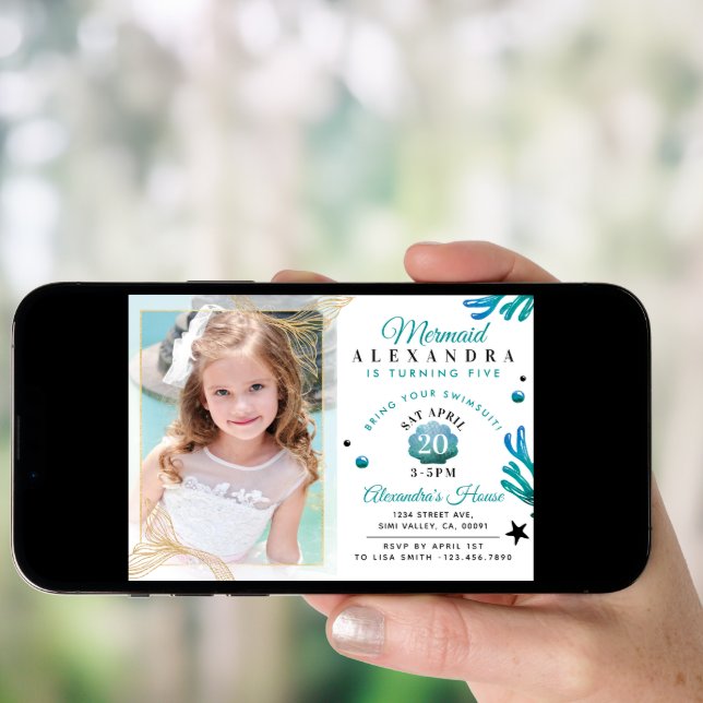 Cute Little Girl Mermaid Photo Birthday Invitation (Front Digital)