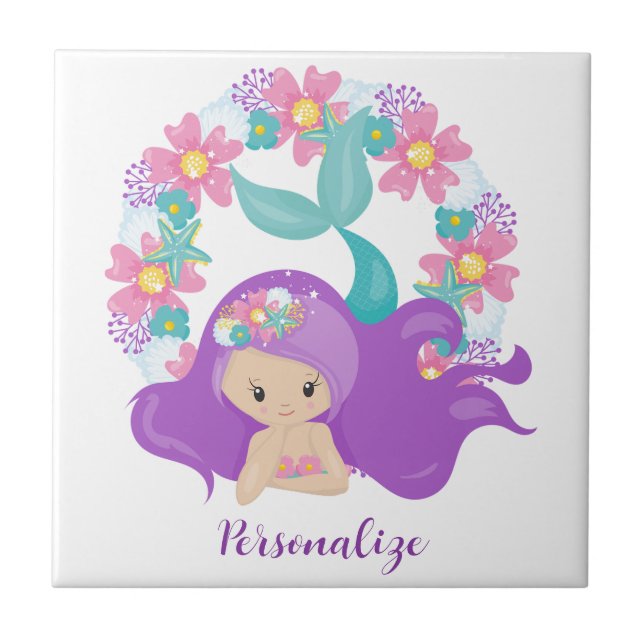 Cute Little Girl Mermaid Purple Pink Personalized Ceramic Tile (Front)