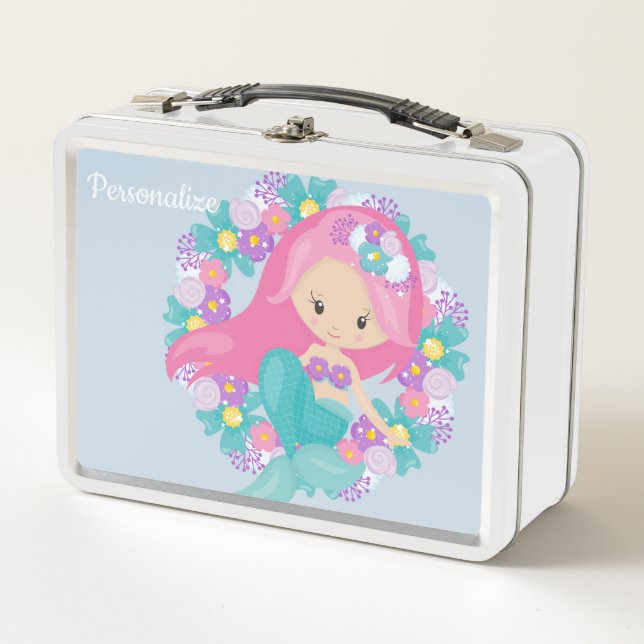 Cute Little Girl Ocean Sea Mermaid Personalized Metal Lunch Box (Front)